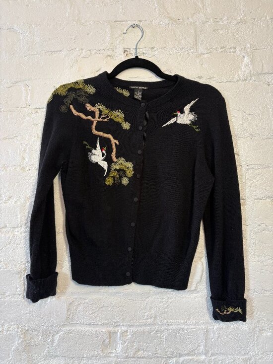 Lucky Brand Sweaters - Vintage Retro Lucky Brand Angora Blend Cardigan with Crane and Bonsai Embroidery